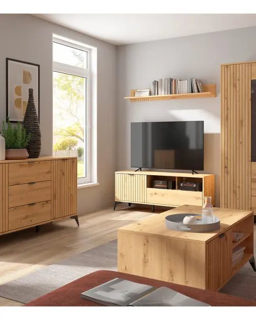 Vitrina alta Lamea 90 cm con 2 puertas y 2 cajones roble artisan