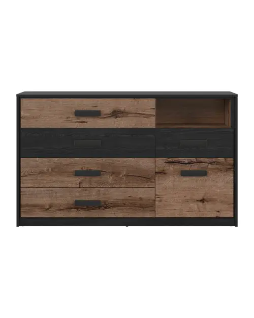 Cómoda Kassel 150 cm con puertas y 5 cajones roble monastery/roble negro
