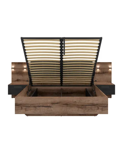 Cama Kassel 160x200 con somier y contenedor y 2 mesitas de noche roble monastery