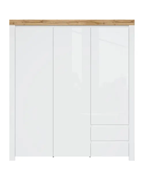 Armario de tres puertas Holten 180 cm con cajones blanco brillo/roble wotan