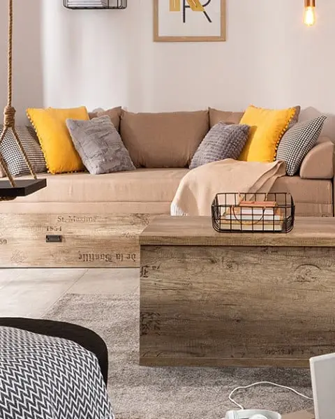 Cama extensible Malcolm 80-160x200 roble canyon monument con contenedor colchón y cojines beige