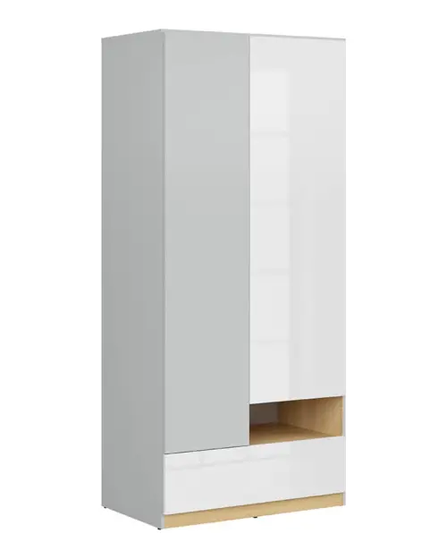 Armario de dos puertas Nandu 90 cm con cajón gris claro/roble polaco/blanco brillo