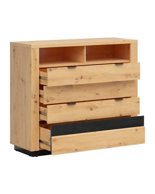 Cómoda Ostia 117 cm con 4 cajones y 2 estantes roble artisan/roble negro