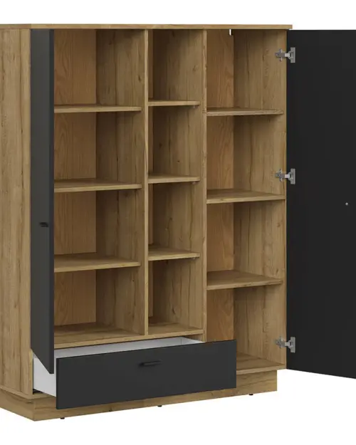 Estantería Zenda 117 cm con 2 puertas, cajón y 4 estantes roble waterford/negro