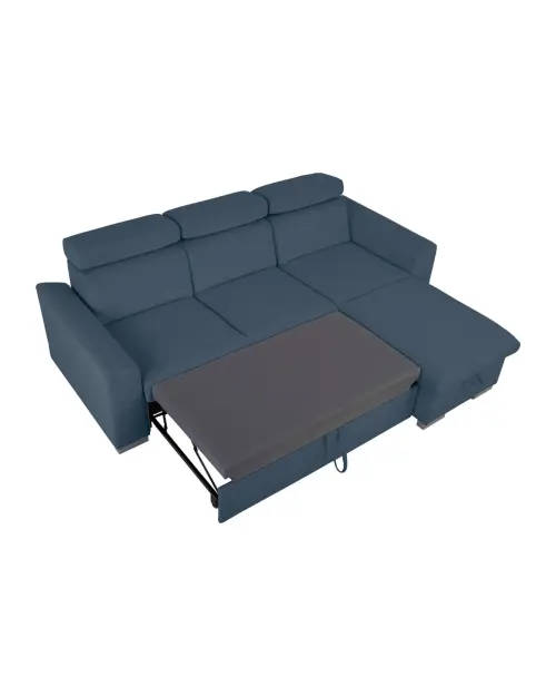 Uniwersalny narożnik Evia z funkcją spania, pojemnikiem na pościel i regulowanymi zagłówkami niebieski