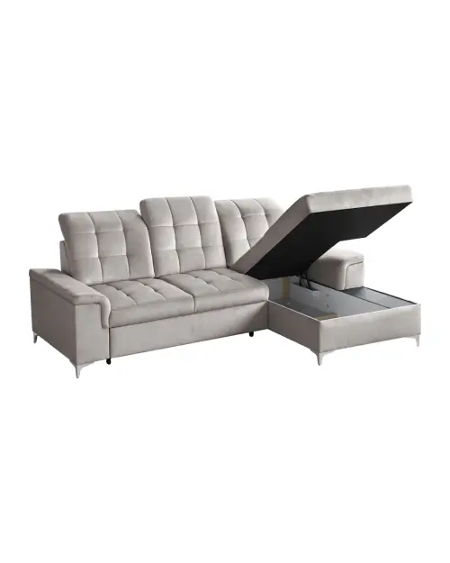 Sofá rinconera derecho Ariado convertible con arcón de terciopelo beige