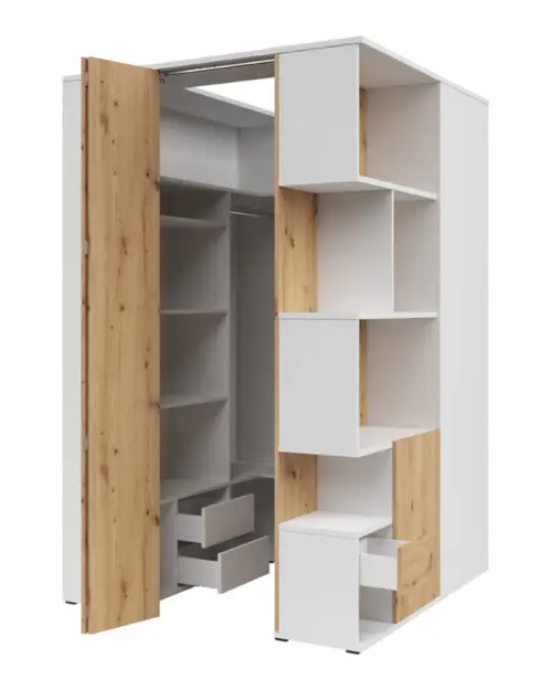 Armario de esquina izquierdo Homeland 136 cm vestidor con 2 puertas y 3 cajones blanco/roble artisan