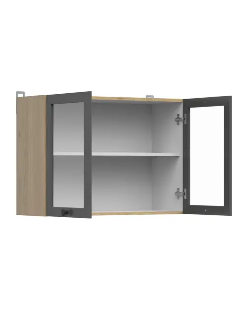Armario superior de cocina Junona Line 80 cm de dos puertas con vitrina roble bernstein/grafito