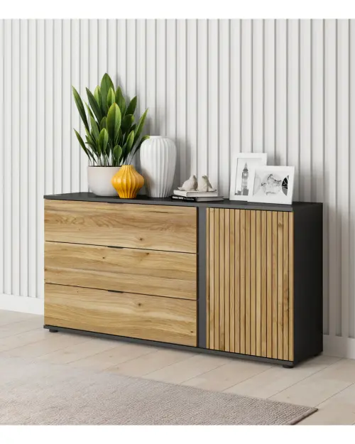 Cómoda Luen 143 cm con puertas y 3 cajones roble tegola/roble mauvella