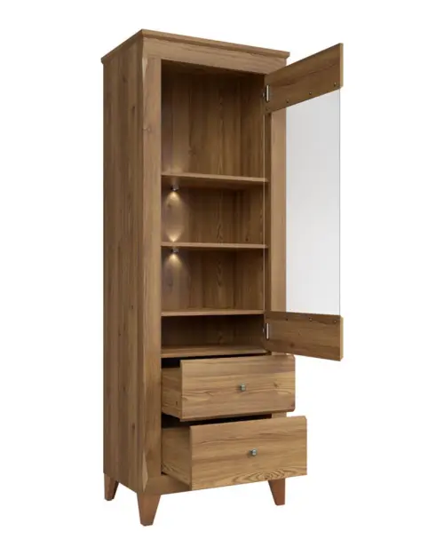 Vitrina Bergen 72 cm con puertas y 2 cajones alerce sibiu dorado
