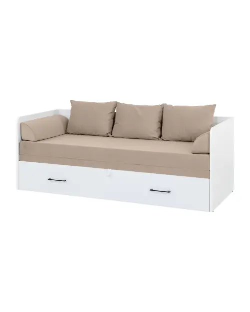 Cama extensible Tetrix blanco brillo 80-160x200 con contenedor colchón y cojines beige