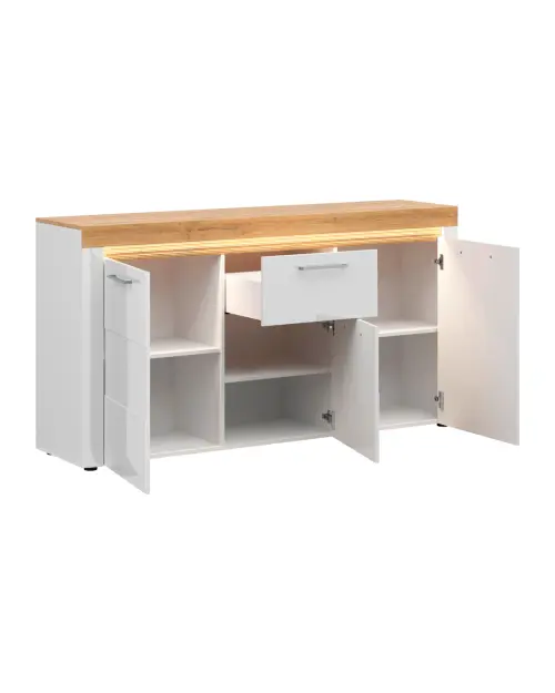 Cómoda Horton 170 cm con 3 puertas y un cajón roble dorado grandson/blanco brillo
