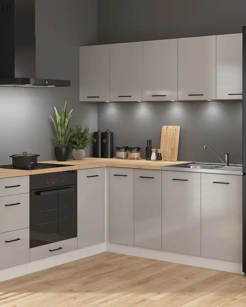 Conjunto de cocina de esquina Junona Line 200x200 gris claro brillo con encimera