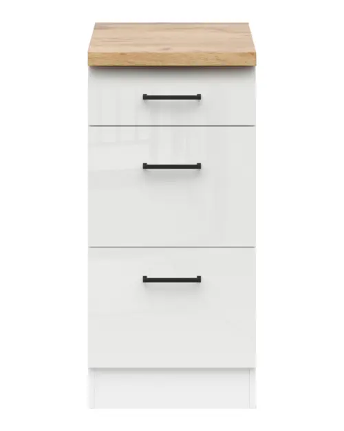 Mueble bajo de cocina Junona Line 40 cm con cajones brillo tiza con encimera