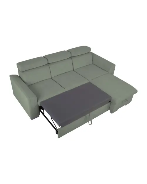Универсальный угловой диван Evia с функцией сна, ящиком для белья и регулируемыми подголовниками зеленый