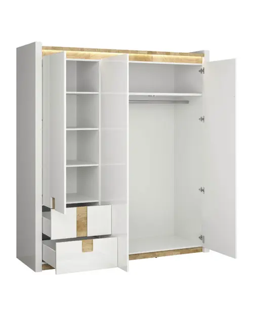 Armario de tres puertas Alameda 180 cm con cajones blanco brillo/roble westminster