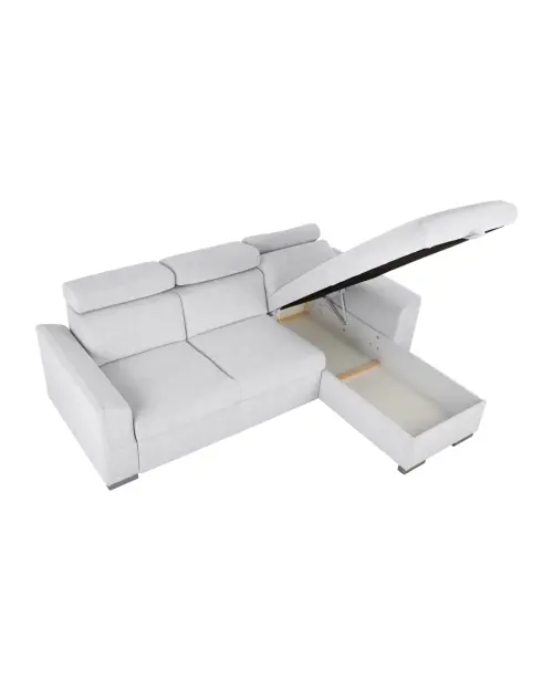 Universal corner sofa Evia with sleeping function, storage and adjustable headrests light gray