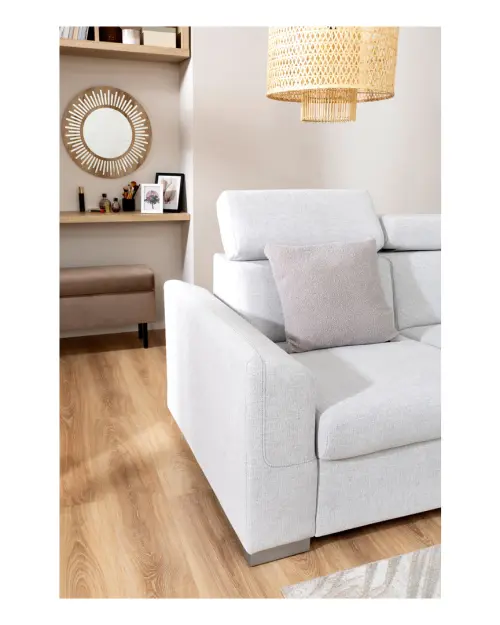 Universal corner sofa Evia with sleeping function, storage and adjustable headrests light gray