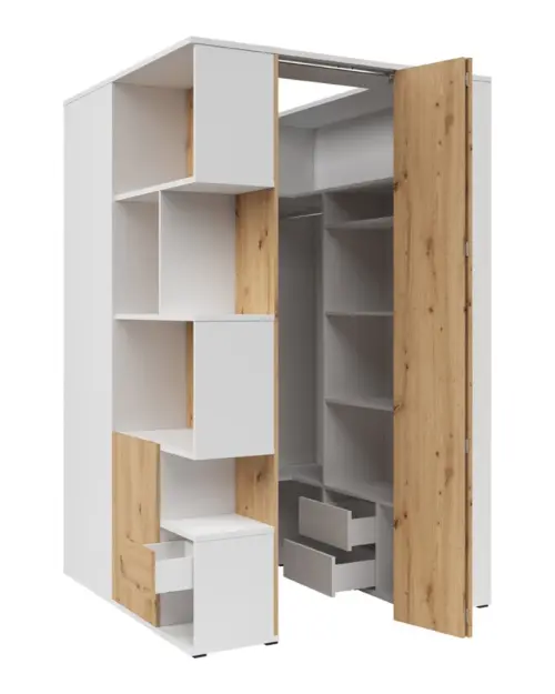 Шкаф угловой правосторонний Homeland 136 см гардероб с 2 дверями и 3 ящиками белый/дуб артизан