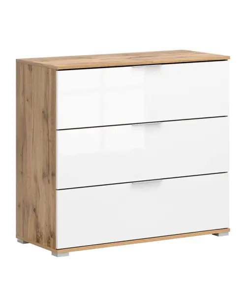 Cómoda Zele 95 cm con 3 cajones roble wotan/blanco brillo