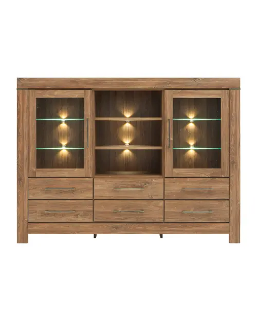 Cómoda Gent 166 cm vitrina con 2 puertas 6 cajones y 3 estantes roble stirling