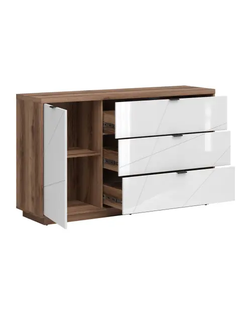 Cómoda Forn 156 cm con puertas y 3 cajones roble delano oscuro/blanco brillo
