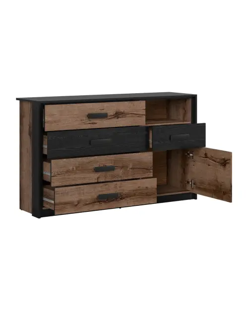 Cómoda Kassel 150 cm con puertas y 5 cajones roble monastery/roble negro