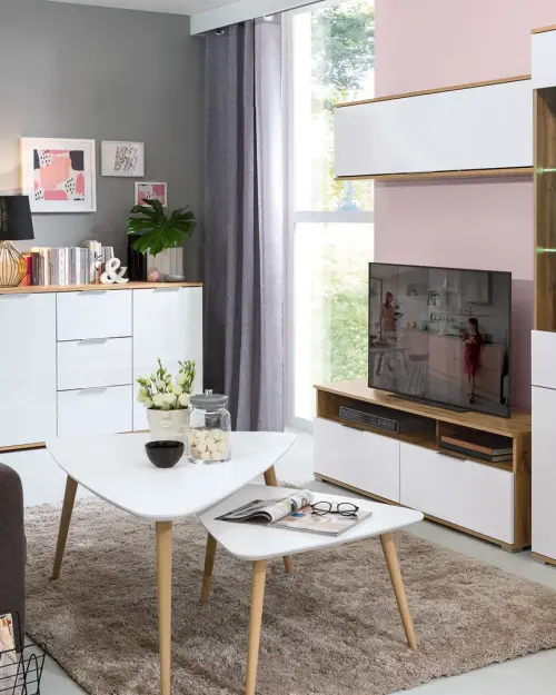 Vitrina Zele 90 cm con 4 puertas roble wotan/blanco brillo