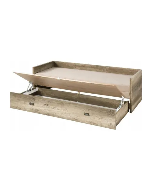 Cama extensible Malcolm 80-160x200 roble canyon monument con contenedor colchón y cojines beige