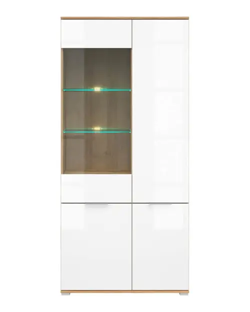 Vitrina Zele 90 cm con 4 puertas roble wotan/blanco brillo