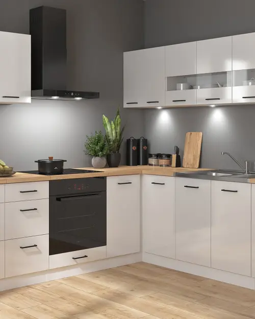 Conjunto de cocina de esquina Junona Line 220x240 brillo tiza con encimera