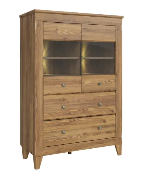 Vitrina Bergen 102 cm con 2 puertas y 2 cajones alerce sibiu dorado