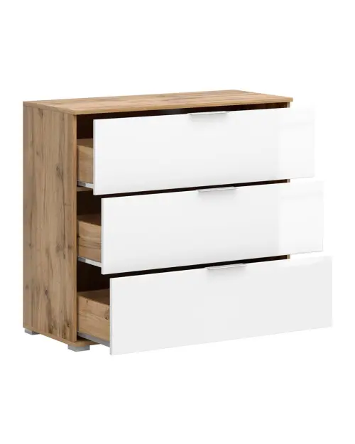 Cómoda Zele 95 cm con 3 cajones roble wotan/blanco brillo