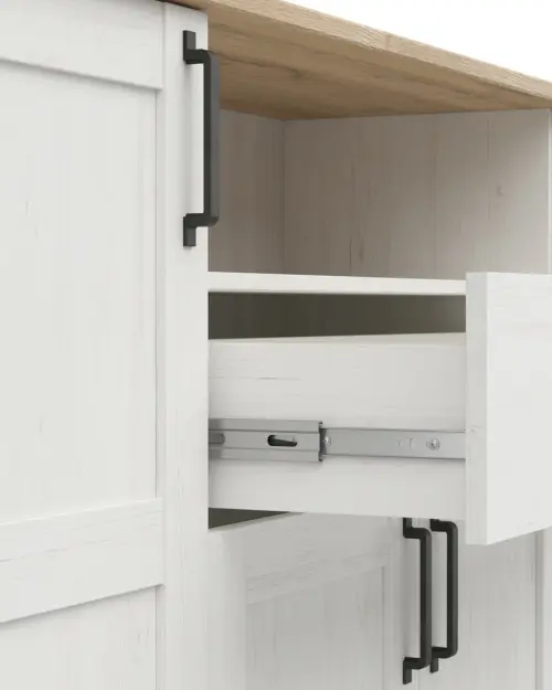 Cómoda Loksa 194 cm con 4 puertas, cajón y estante, pino andersen blanco/roble grandson