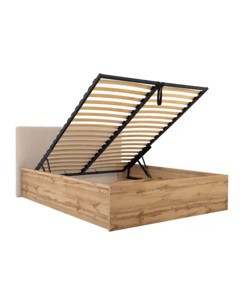 Cama Tetrix 160x200 con somier, arcón y cabecero tapizado roble wotan