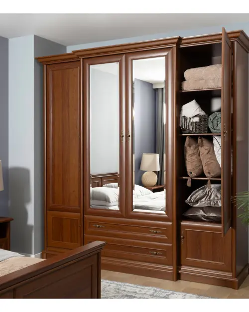 Armario de seis puertas Kent 227 cm con espejo y cajones castaño