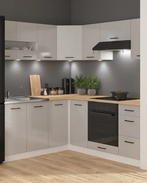 Conjunto de cocina de esquina Junona Line 180x200 gris claro sin encimera
