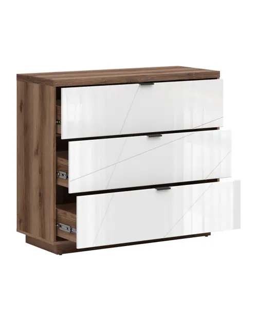 Cómoda Forn 106 cm con 3 cajones roble delano oscuro/blanco brillo