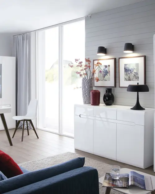 Cómoda Azteca Trio 150 cm con 3 puertas y 3 cajones blanco brillo