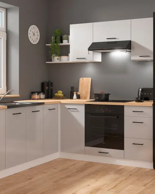 Conjunto de cocina de esquina Junona Line 200x220 gris claro brillo sin encimera