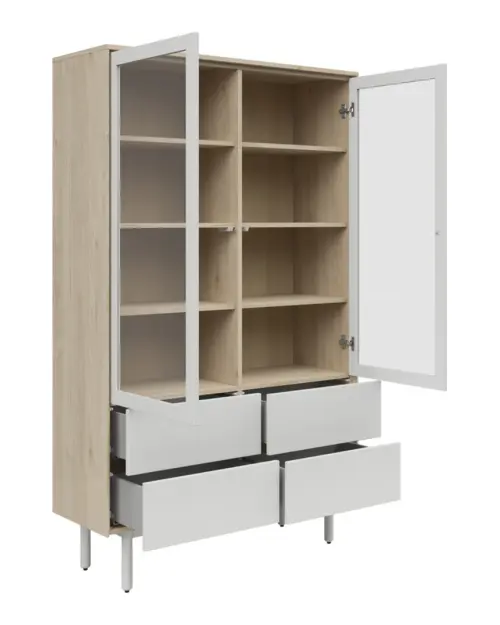 Vitrina Ema 105 cm con 2 puertas y 4 cajones nogal jackson hickory/gris claro