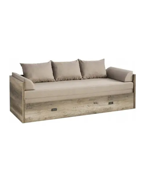 Cama extensible Malcolm 80-160x200 roble canyon monument con contenedor colchón y cojines beige