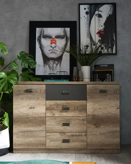 Cómoda Malcolm 130 cm con 2 puertas y 4 cajones roble canyon monument/gris wolfram/roble canyon monument estampado