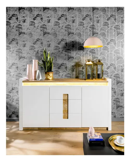 Cómoda Alameda 172 cm con 2 puertas y 3 cajones roble westminster/blanco brillo