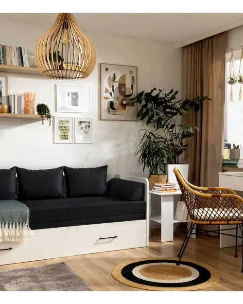 Cama extensible Tetrix blanco brillo 80-160x200 con arcón, colchón y cojines negros