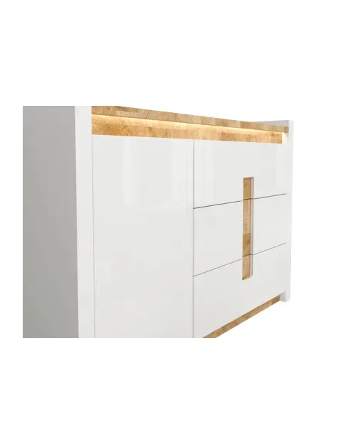 Cómoda Alameda 147 cm con puertas y 3 cajones roble westminster/blanco brillo
