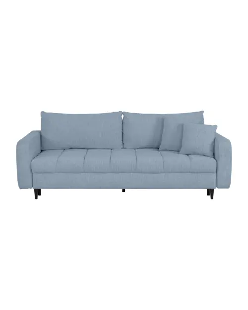 Sofá cama de tres plazas Sorella convertible con arcón, chenilla azul claro
