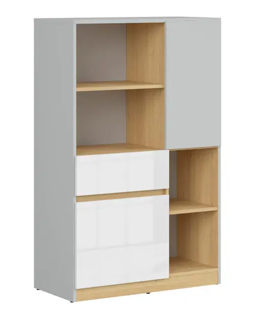 Cómoda Nandu 80 cm con 2 puertas 4 estantes y un cajón gris claro/roble polaco/blanco brillo