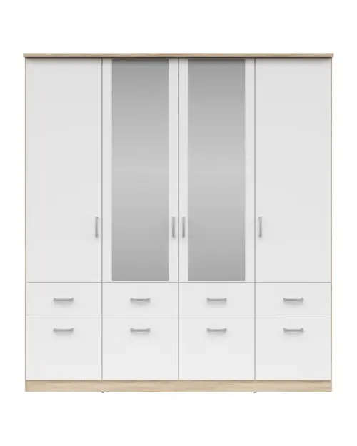 Шкаф четырехдверный Brando-4 181 см с зеркалом и ящиками белый/дуб сонома