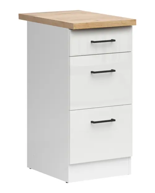 Mueble bajo de cocina Junona Line 40 cm con cajones brillo tiza con encimera